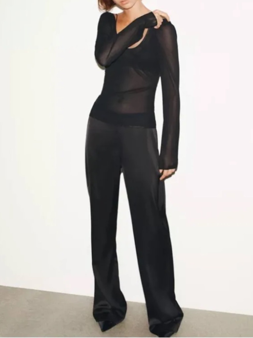 NWT Zara Black Satin Hugh-Rise, Wide-Leg Trousers; Women’s XL